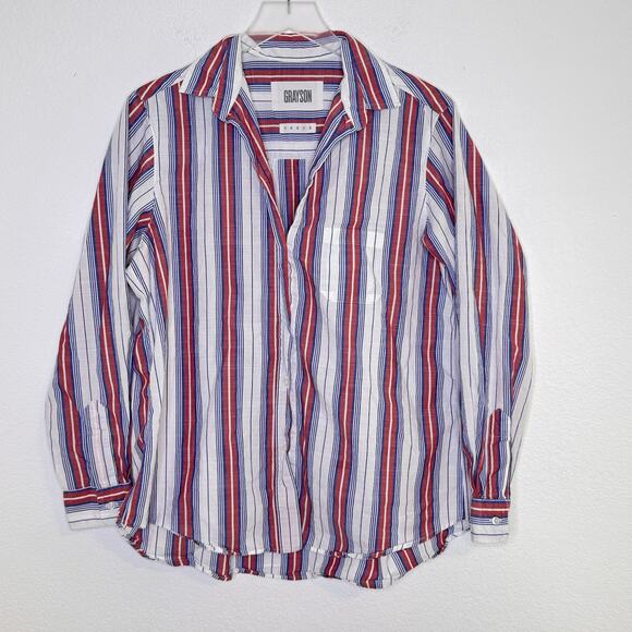 Grayson Womens The Hero Button Long Sleeve Top Size 04 Large Jasmine Stripe Red - Picture 1 of 11
